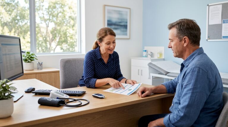 GP reviewing a chronic condition management plan with a patient, with a blood pressure monitor and glucose meter on the desk